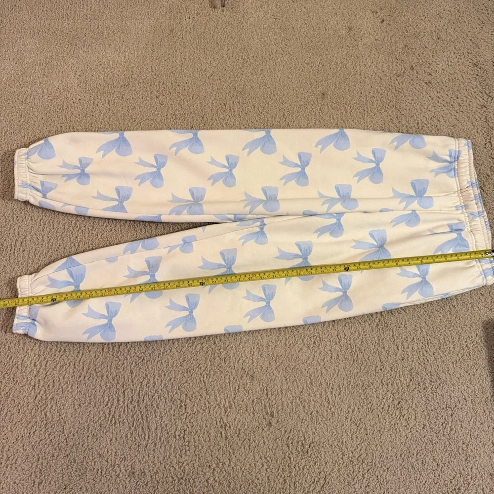 HappyCamp3r Bow Print Joggers Coquette Sweatpants Cream Blue Size Small - Picture 4 of 7